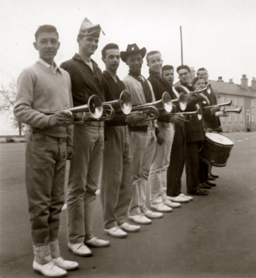 Opti Corps (1955)
L-R: John Bodkin, Bob Brown, Harry Clark, Hector Roberts, Don Yeaman, Ron Cook, ?, ?, Len Perrin. Taken at the CNE 1955 
Keywords: 1955