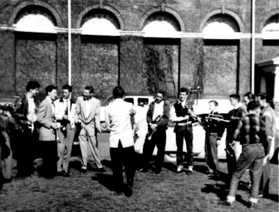 At the "Ex" (1956)
L to R: Front: Bob Bond, Peter Cowerd, ?, Phil Hennings, Al Latham
Back: Henry Beben, Bob Brown, ?, ?, Brian Williams, Harry Clark, ?

Photo submitted by Phil Hennings
Keywords: 1956