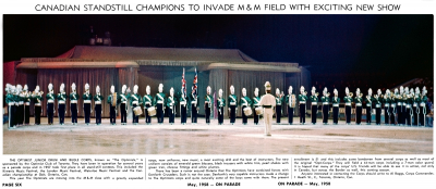 Toronto Optimists (On Parade magazine, May, 1958)
The photo was taken at the 1958 Ice Follies, Toronto Optimists first performance in the new green uniforms.

Submitted by Phil Hennings
Keywords: 1958