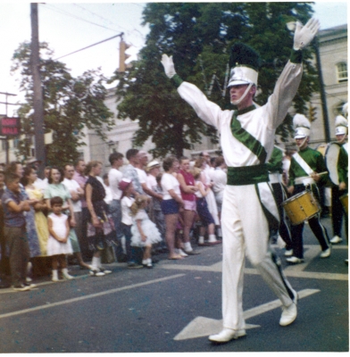 Phil Hennings, Toronto Optimists Drum Major, in Toronto parade (1958)
Photo submitted by Phil Hennings

Phil was Drum major for the Toronto Optimists from 1958 to 1960
Keywords: 1958