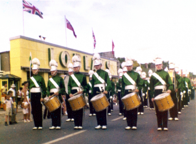 Drum line in Toronto parade (1958)
L to R: Charley Jennson, Harry Clark, Jim Reynolds, Collin Hedworth, Carl Cluchey, Gord O'Halloran or Brian Williams
Photo submitted by Phil Hennings
Keywords: 1958