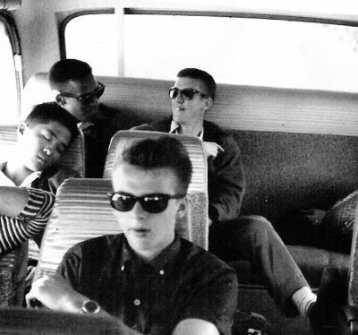On the bus (Andy Henderson in  front, Ken Nakagawa, Hector Roberts and Ted Shaw )   (1960)
Photo submitted by Phil Hennings
Keywords: 1960
