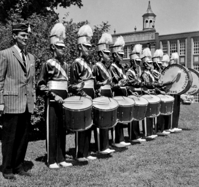 Publicity shot showing the Drum Line (Lorne is on the left) (in front of De La Salle Oaklands, 1958)
Submitted by Jim Patten
Keywords: 1958