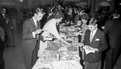 Foreground, Dave Bignell, Doug MacKenzie, background, Henry Bebin, Mrs. Baggs, Bob Cook, Toronto Optimists (First Corps Banquet, 1960)
Photo by Don Daber
Keywords: 1960