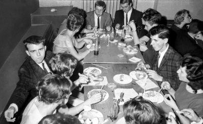 Terry Sweeney, ?,?, Ronn Prokop, Al Punkari, ?, John Carey, Jim Stewart, ?, Toronto Optimists (First Corps Banquet, 1960)
Photo by Don Daber
Keywords: 1960