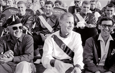 Bernie Beer, Barry Bell and Ed Nanni withs a bunch of Optimists in the stands (Rochester, 1960)
Photo by Don Daber

L-R: Front: Bernie Beer, Barry Bell, Ed Nanni

L-R: Row 2: Al Punkari. Bob Owen, Bob Brown, Bill Thorne

L-R: Row 3: Glenn Copp, Glen Durish, Doug McPhail, Hector Roberts, Gord O'Halloran
Keywords: 1960
