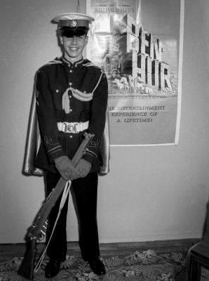 Tony Comper (?) wearing Del's old Blue and Gold band uniform (1960)
Photo by Don Daber
Keywords: 1960