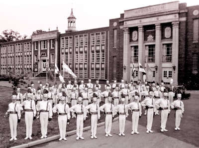 De La Salle drum corps  outside the School (1960)
This might have been the first time Del wore the new uniforms because Don was there. 

Photo by Don Daber
Keywords: 1960
