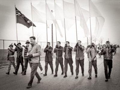Optimists as the Port Cedit Pear Pickers in a Christmas parade (1961)
L-R: Al Miller, ?, Ivor Bramley, ?, Mike Layton (front), ?, Jim Nisbett, Ian Cruickshank, Fred Lombard, ?, Bill McNabb

Photo by Don Daber
Keywords: 1961