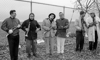 Hans Boehnke, John Shearer, Neil Ibitson, Al Morrison, maybe Ross Cation and Len Perrin (Dress-down parade, 1961)
Photo by Don Daber
Keywords: 1961