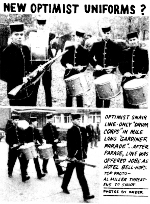 Optimists "Bell Hops" on parade (1961)
Frans Rood says that this was part of the "Daffodil Parade" to raise money to fight cancer.
From Green Capsule Comments 
Submitted by Terry Sweeney
Keywords: 1961