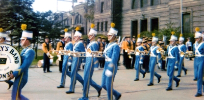 St Mary's Band with Columbus Boys Band in orange and black (CNE Coloseum, maybe 1958 but probably 1959)
Submitted by Richard Boehnke

Richard is the second baritone horn from the left file.
Keywords: 1959