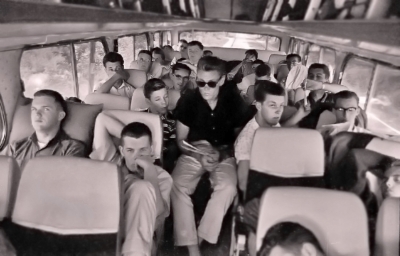 On the bus (Titusville, 1961)
Photo by Don Daber
Left: Row 1: Bob Brown, Don Willison; Row 2: Doug Mackenzie, Row 3: Ron Cottrell beside Orest Burak, Row 4: John Shearer, ?; Row 5: Roman (?) and maybe Len Perrin in the back corner with sunglasses
Warren Mills in the aisle with sunglasses
Right Side: Row 1: Vic Kruklis; Row 2: Ron Prokop & Mel Dey; Row 3: Glen Durish; Row 4: ?; Row 5: Rick Boehnke
Keywords: 1961