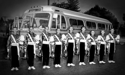 Toronto Optimists Baritones, with new tops and new horns (Rome, NY, 1962)
L-R: Dave Watt, Ron Cottrell, Mel Dey, Glen Durish, Richard Boehnke, Robin Weatherstone, Dick Ward, Al Lavigne and Bill Thorne 

Photo by Don Daber
Keywords: 1962