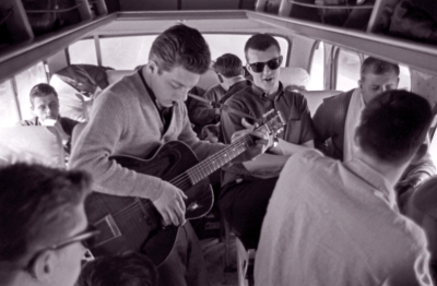 Ronn "Skip" Prokop (guitar) and Frans Rood (sunglasses) coming home (from Hull, QC, 1963)
Photo by Don Daber
Keywords: 1963