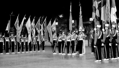 Toronto Optimists Guard wearing flat-top hats and a few guys from Skyliners (St Catharines, 1963)
Photo by Don Daber
Keywords: 1963