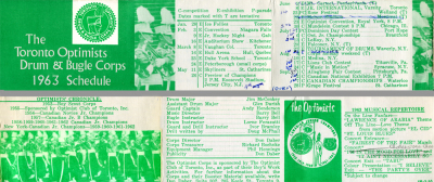 Toronto Optimists' 1963 Schedule
Each year Don Daber created a "pocket" schedule that was given to corps members and fans.
Keywords: 1963