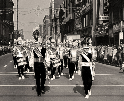 Andy and Vern leading the corps down Yonge St (1964)
Photo by Don Daber
Keywords: 1964
