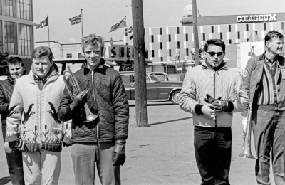 Doug Shearer, Barry Radford, Bert Hoflick, Joe Palanica and Ralph McKittrick, Toronto Optimists rehearsing at the Shell Tower (CNE, 1964)
Photo by Don Daber
Keywords: 1964