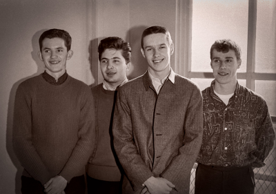 L to R: Gord Roberts, Rick Morden, Nelson Duffy and Archie Van Dyke, all former CONQUEROR'S who went to OPTIMISTS! (1964)
Photo by Don Daber
Keywords: 1964