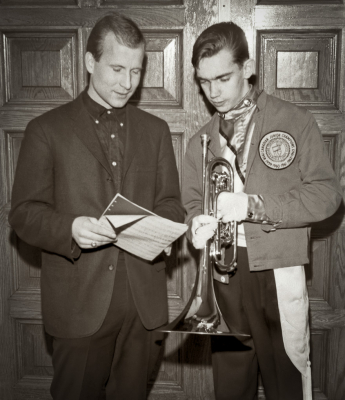 Barry Bell and Larry Greenwood with Optimists first mellophone (about March, 1964)
Photo by Don Daber
Keywords: 1964