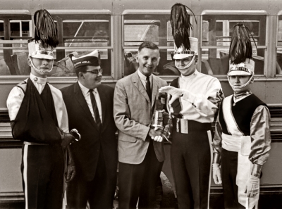 Gene Chepswick, Harvey Berish (?) of Drum Corps World, Ed Rooney of Drum Corps News, Andy Henderson and Vern Johansson (Nationals, 1964)
Photo by Don Daber
Keywords: 1964