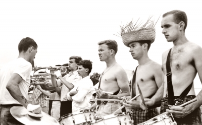 Bill Grigg (cymbals), Larry Greenwood (mellophone), Vern Johansson, Mark Wicken, Ron Kaiser and Orest Burak, Toronto Optimists (Racine, 1964)
Photo by Don Daber
Keywords: 1964