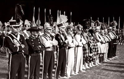 Drum Majors on retreat: Madison, Casper Troopers, Optimists, Cavaliers, Racine Scouts, Racine Kilties, Norwood Park, Royal Airs, Spartans and Boston Crusaders (Racine, 1964)
Photo by Don Daber
Keywords: 1964