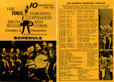 Toronto Optimists' 1965 Schedule
Each year Don Daber created a "pocket" schedule that was given to corps members and fans.
Keywords: 1965