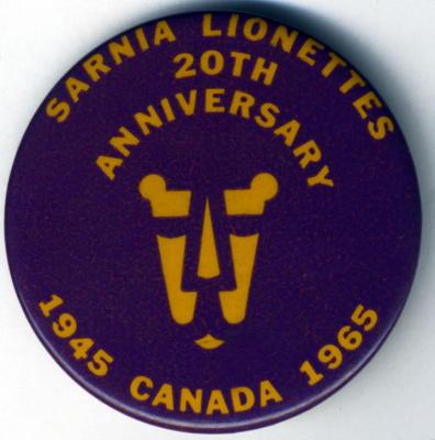 Sarnia Lionettes 20th Anniversary Button (1965)
Submitted by John Shearer
Keywords: button 1965