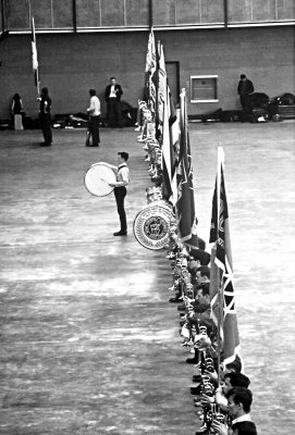 Toronto Optimists indoor drill rehearsal, winter 1966-67
Photo submitted by Randy Cochrane

Dave Sims on Rudimental bass
Terry Warburton (sop), unknown on flag, Barry Stinson (?) beside the flag, unknown, Doug Sparkes (baritone), Rick Shearer (sop), Bruce Van Goozen (sop).

Keywords: 1966