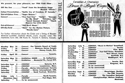 Toronto Optimists' 1966 Schedule
Each year Don Daber created a "pocket" schedule that was given to corps members and fans.
Keywords: 1966