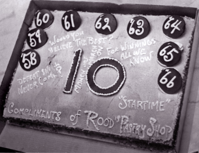 Optimists 10th Consecutive Nationals Cake, donated by Rood's Bakery (1967)
Photo by Frans Rood
Keywords: 1967