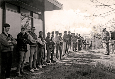 Members of the Toronto Optimists (Camp, 1968)
L-R: Rick Cooper, Steve Jarvis, Bernie Rolecke, Randy Cochrane, Bob Ledwards, John Tierney, Allan Dames, George Tamaki, Dennis Roberts, Marcel Smolinski, Wayne Dean with Vern Johansson on the right

Photo by Don Daber
Keywords: 1968