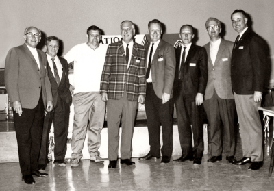 L-R: Bernie Beer, Harold Coulson, Fred Johnson, Alan Baggs, Don Daber, Clare Reid, Al Tierney and Cliff Billington (Reunion, 1969)
Submitted by Jim Patten
Keywords: 1969 1968