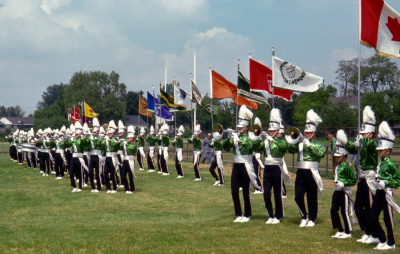 Bob Burman, Brian Byrne and Rick Shearer on mellophones, Toronto Optimists (Batavia, 1969)
Photo by Don Daber
Keywords: 1969