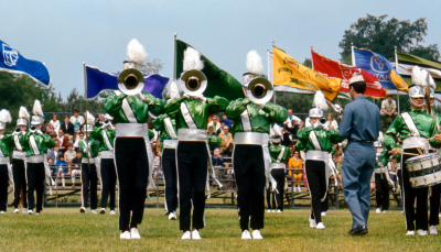 Toronto Optimists mellophones: Bob Burman, Brian Byrne and Rick Shearer (Batavia, 1969)
Photo by Don Daber
Keywords: 1969