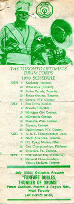 Toronto Optimists' 1970 Schedule
Each year Don Daber created a "pocket" schedule that was given to corps members and fans.

Photo submitted by Randy Cochrane
Keywords: 1970