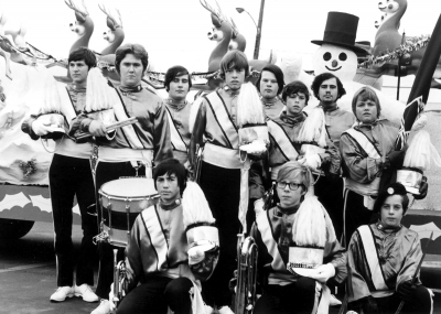 After a Santa Claus Parade (about 1971)
Rear: Richard Gastmeier (Kitchener), Paul McCusker, Ed Martin, Peter McCusker (all of Guelph) drummer Bob Cook, Vic Score Jr.
Front: Paul White, baritone Doug May 

Photo by Don Daber
Keywords: 1971 1970