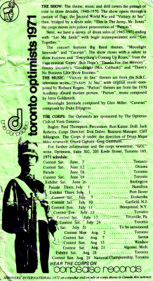 Toronto Optimists' 1971 Schedule
Each year Don Daber created a "pocket" schedule that was given to corps members and fans.

Submitted by Randy Cochrane
Keywords: 1971