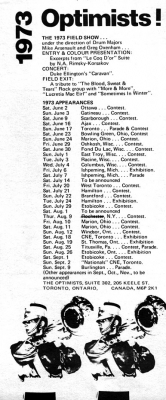 Toronto Optimists' 1973 Schedule
Each year Don Daber created a "pocket" schedule that was given to corps members and fans.

Submitted by Randy Cochrane
Keywords: 1973