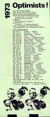 Toronto Optimists' 1973 Schedule
Each year Don Daber created a "pocket" schedule that was given to corps members and fans.

Submitted by Randy Cochrane
Keywords: 1973