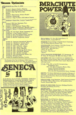 Seneca Optimists 1978 Schedule
Each year Don Daber created a "pocket" schedule that was given to corps members and fans.

Submitted by Enzo Marrella
Keywords: 1978