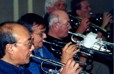 Optimists Alumni rehearsing (Jan 2003)
L-R: Wilson Chung, Terry Sweeney, Willie Miller, Frank Rivier, Al Morrison

Submitted by Vern Johansson
Keywords: 2003