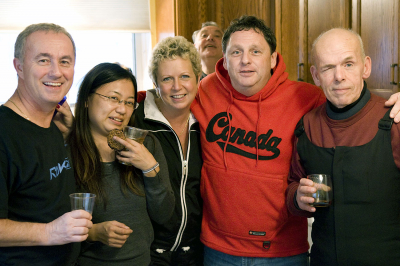 At Brian Adam's between parades (2009)
L-R: Doug Roblin, Kimiko Yamada, Glenda Tokiwa, Gerry Bencze and Al Miller and Joe Gianna in the back
Photo by David Johns
Keywords: 2009