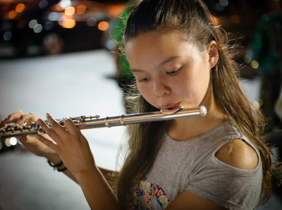 Laura Weiler, Soo's daughter, entertains the corps with a flute solo (Soundsport, Indianapolis, 2016)
Photo by David Johns
Keywords: 2016