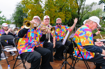 Bob with 2 horns, John and Brian with a tambourine in his mouth, Optimists Alumni  (Oktoberfest, 2017)
Photo by David Johns
Keywords: 2017