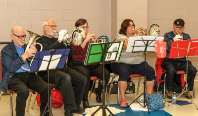 Barry, Bob, Heather, Diane and Rick, the Stage Band mellos (Oktobercorps rehearsal, October 6, 2018)
Photo by David Johns
Keywords: 2018