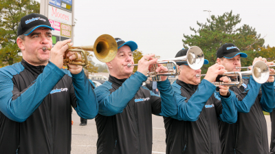Jason Logue, Doug Roblin, ? and Kevin Tierney, Oktobercorps trumpets (KW Oktoberfest Parade, Oct 8, 2018)
Photo by David Johns
Keywords: 2018