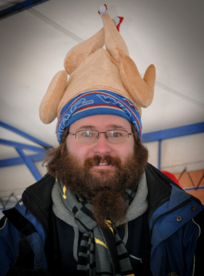 Matt Davis wearing the Christmas Turkey, Optimists Alumni (Guelph Santa Parade, 2018)
Photo by Eric McConachie
Keywords: 2018